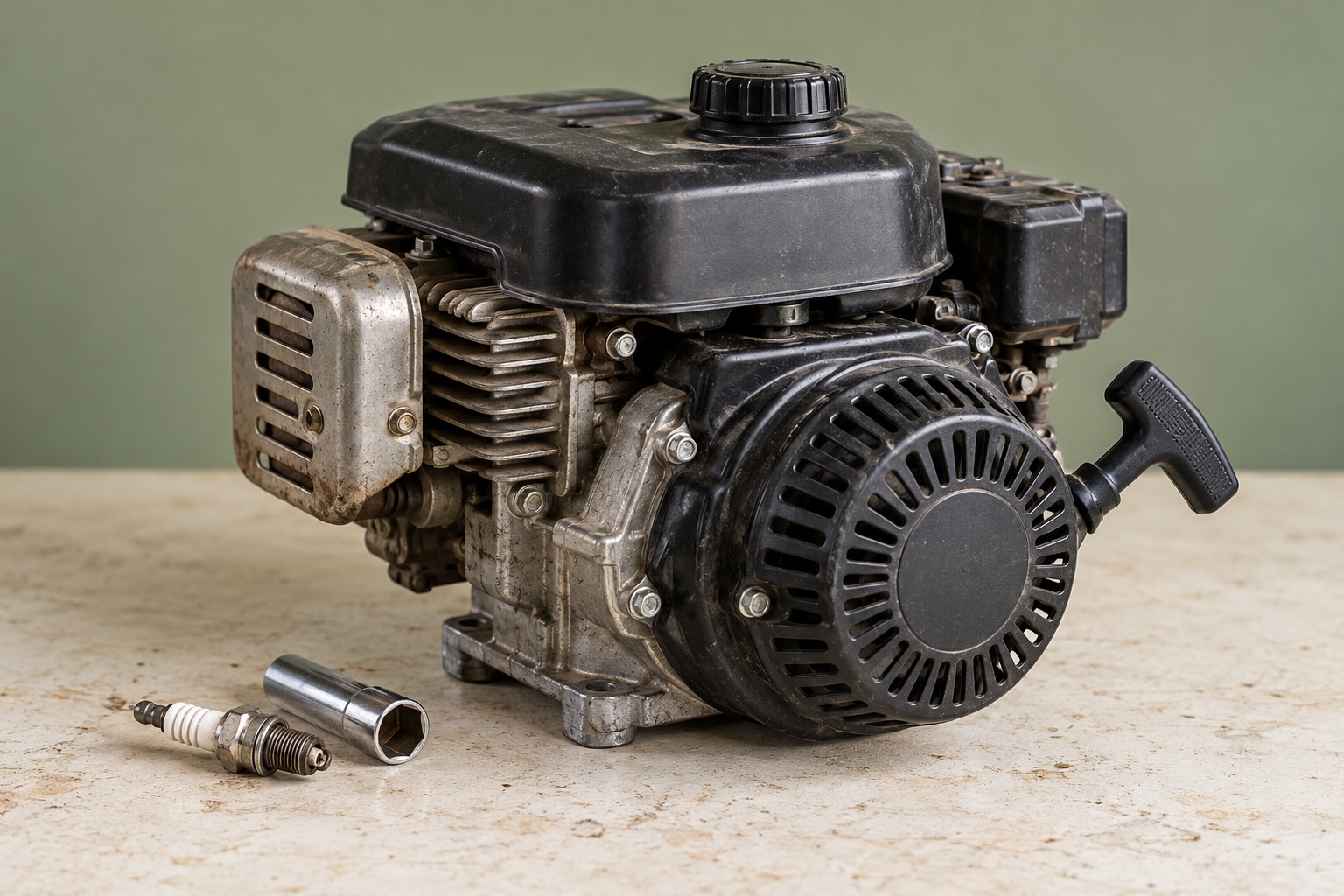 Illustrative studio study of a compact lawnmower engine with a spark plug and socket
